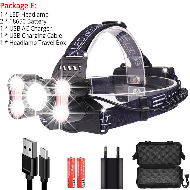 5000LM Ultra Bright LED Headlamp 5 LED Headlight 4 modes Head lamp Rechargeable Light Sensor Use 18650 For Outdoor & Indoor: Package E