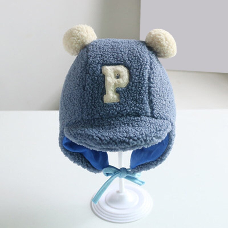 Inverno quente bebê meninos letra p cordeiro veludo earflap chapéu duplo pompom boné beanies para crianças criança gorro eargflap alta qualidade: Navy blue