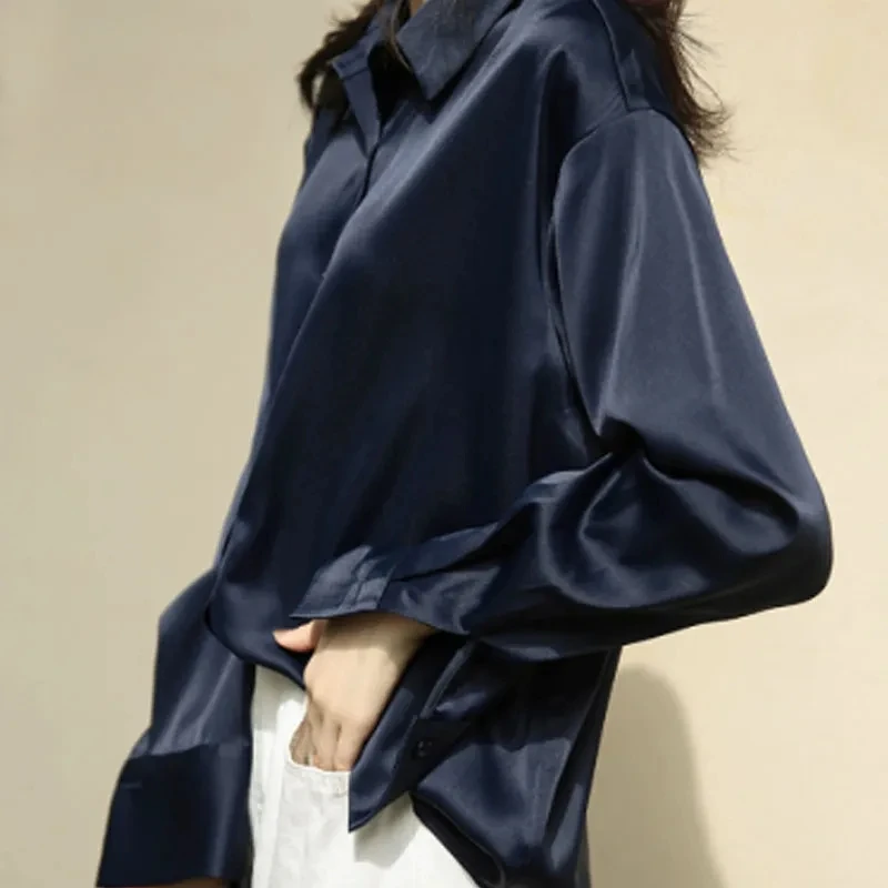 Vårskjorte med knapper i sateng og silke, vintagebluse, hvite topper, dame, lange ermer, løse gateskjorter, 11355