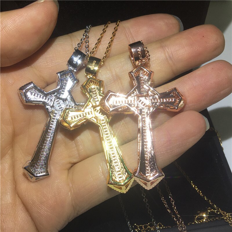 Handgemaakte Big Cross Hanger Met Ketting 925 Sterling Zilveren Aaaaa Zirkoon Cz Party Bruiloft Hangers Voor Vrouwen Mannen Sieraden