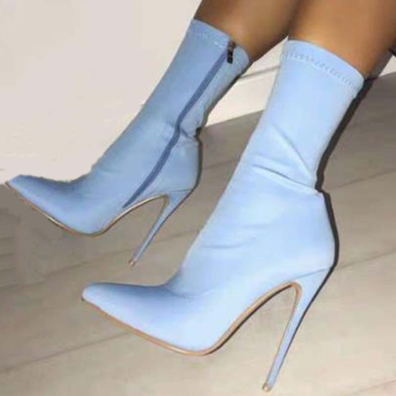 femmes Ankel bottes nouvelles femmes tissu élastique bottes couleur bonbon pointu bottes à talons hauts bleu ciel jaune chaussons chaussures