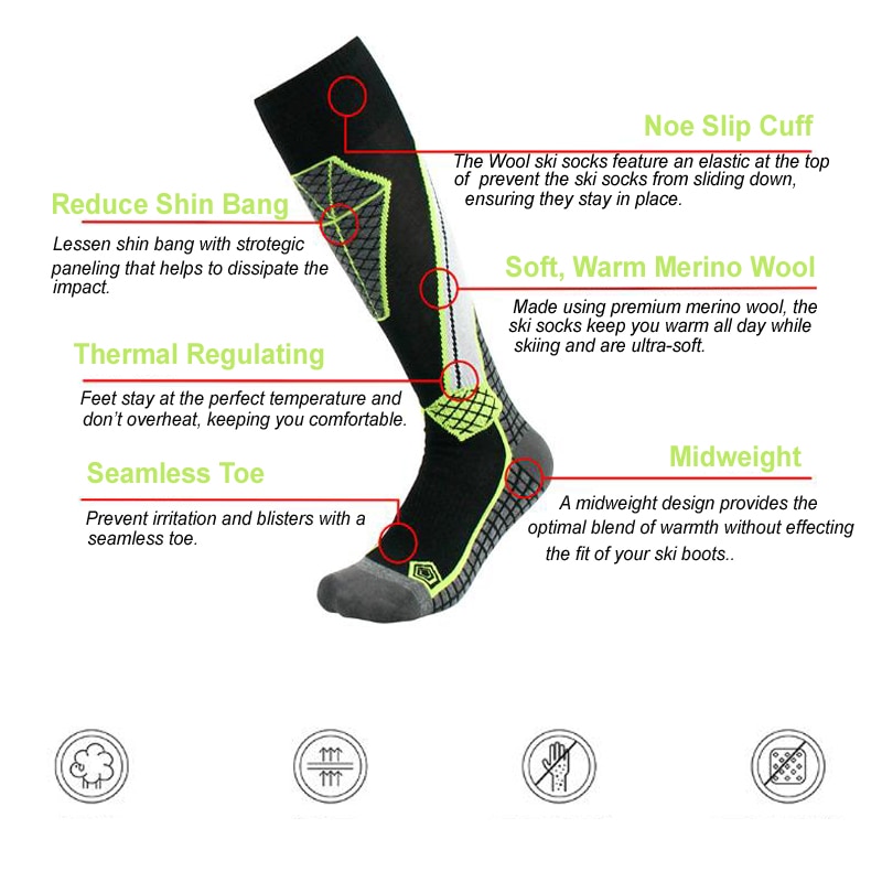 High Performance Wool Ski Socks – Outdoor Wool Skiing Socks, Snowboard Socks