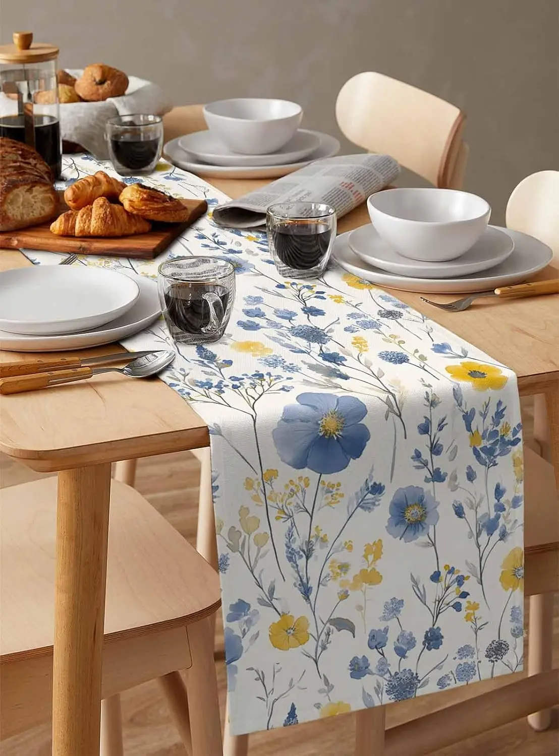 Bohemisk vårblomma vintage akvarell blå och gul blomma blad bordslöpare festdekoration bordslöpare sminkbord