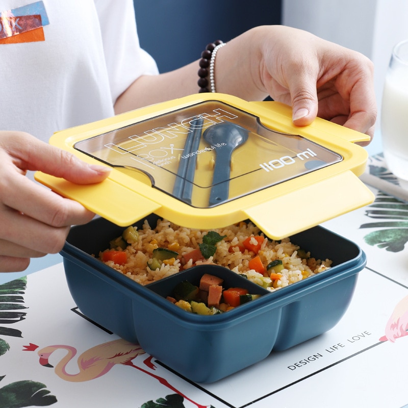 Lunch Box Separate Compartments Children School Bento Box Food Container Microwave Dinnerware Lunch Box with Tableware (1100ML)
