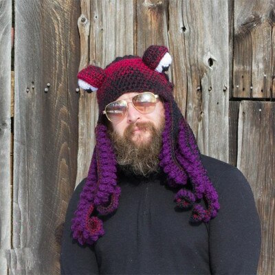 Bläckfisk skägg hand väva sticka ull hattar män jul cosplay fest rolig knepig huvudbonad vinter varm par hatt: Lila