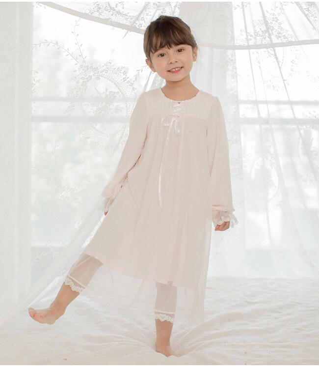 Camisones de princesa Lolita para niños y niñas, ropa de dormir de gasa con lazo, Vintage, de malla: Pink Lining / XL Height 125-135cm