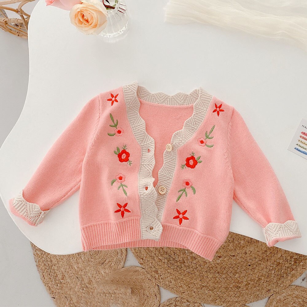 Peuter Meisje Trui Bloem V-hals Gebreide Lente Herfst Kids Vest Prinses Verjaardag Kinderen Kleding: Roze / 4T