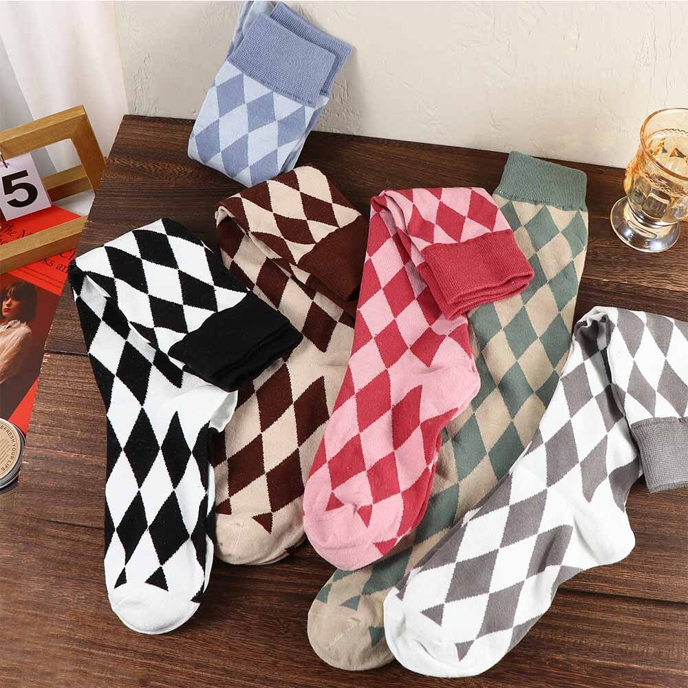 Girl JK Knee High Socks Stockings College Rhombus Plaid Knee Socks Women Keep Warm Female Sock Ladies Long Socks