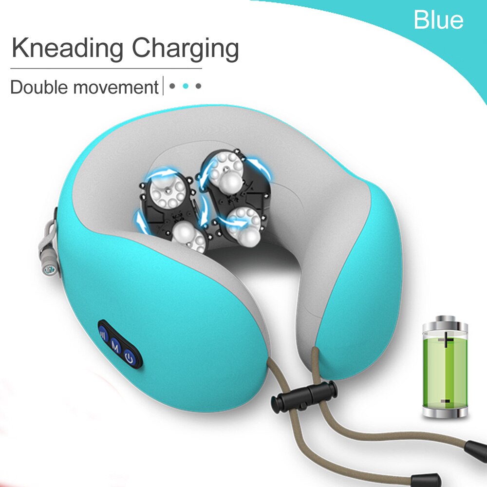JINSERTA Elektrische Massage Nekkussen Hoofdsteun Reizen Kussen Therapie U-vormig Kussen Massager voor Thuis Kantoor Rust: Blue-Double-Knead