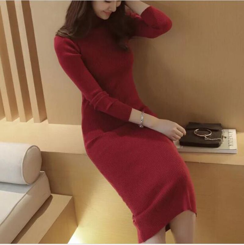 Vestidos zur Seite fahren Kleid Frauen Gestrickte Winter Langarm Kleid Femme Rollkragen Schwarz Kleid warm Herbst Frauen Kleidung AC700