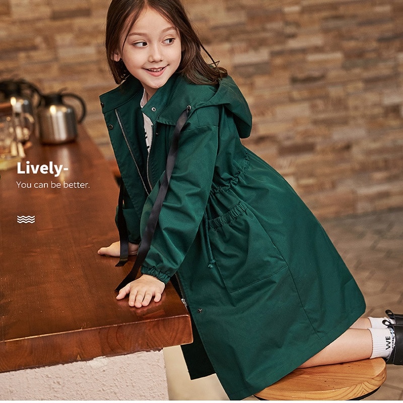 Herfst Kinderen Uitloper Windjack Voor Meisjes Solid Elastische Taille Hooded Katoen Warm Mid-Lengte Jas Voor Kinderen 4-15Y