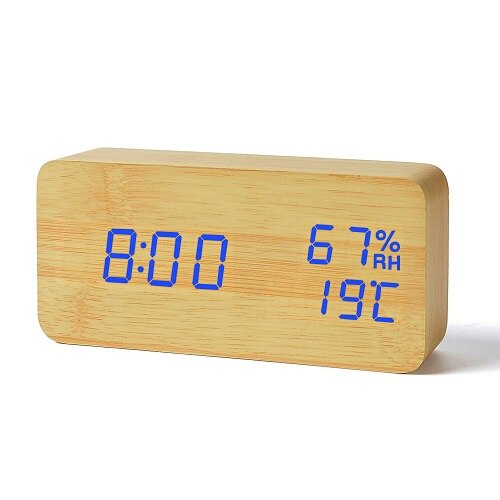 Suncree Wood Wooden LED Alarm Clock,Despertador Temperature Humidity Electronic Desktop Table Digital Clocks: bamboo blue