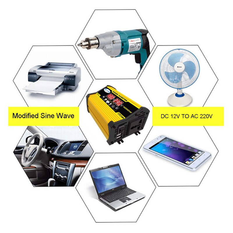 Juxing 4000w omvormer met dubbele digitale display transformator  dc 12v naar  ac 110v/220v dubbele usb gebruik voor auto, buiten