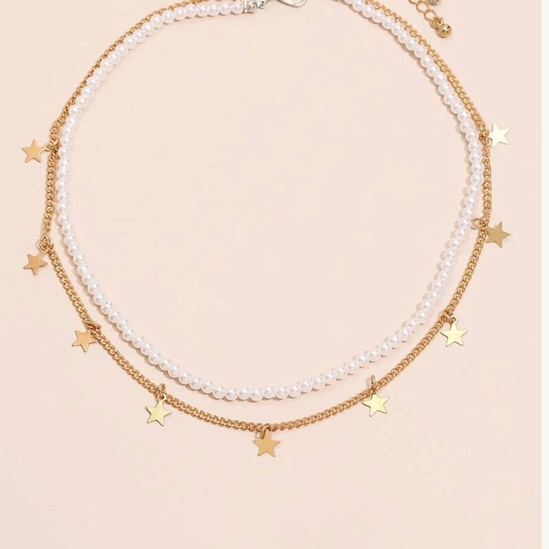 Multilayer Trend Elegante Sieraden Kwastje Ster Hanger Gouden Kleur Parel Choker Unquie Vrouwen Mode Ketting X065