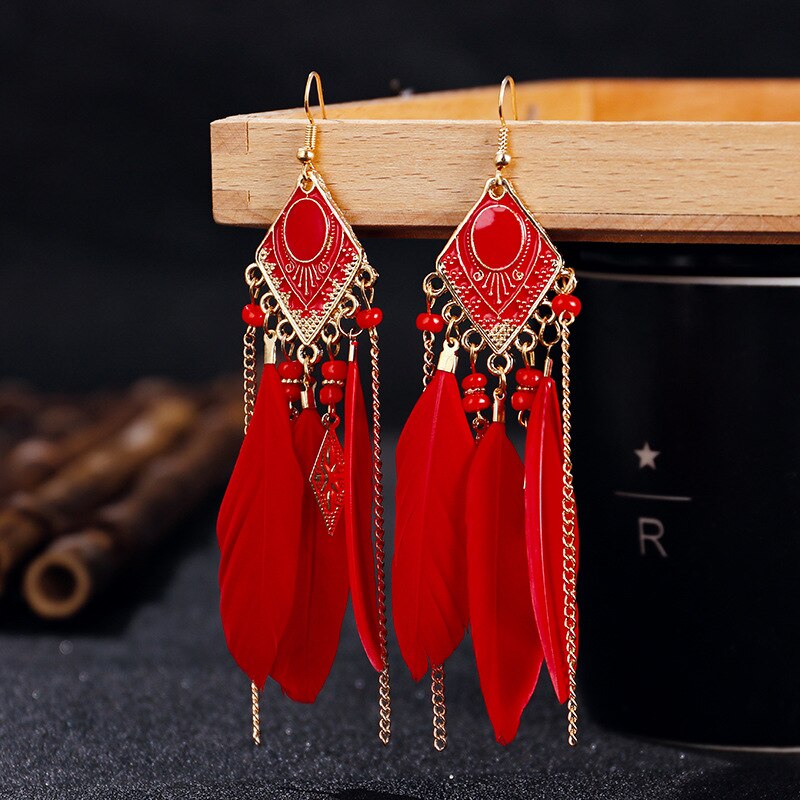 Etnische oorbellen met veren, damessieraden, bohemian zomerse metalen oorbellen met lange kwastjes, indiase sieraden: Dx027-4
