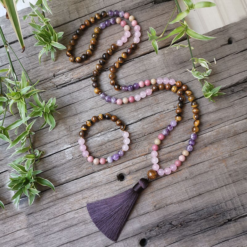 8mm Natural Stone Beads,Tigers Eye Pendant Necklace,Amethyst,Charming Bracelet,Spiritual Power Jewelry,108 Mala Beads: Pure Gold Color