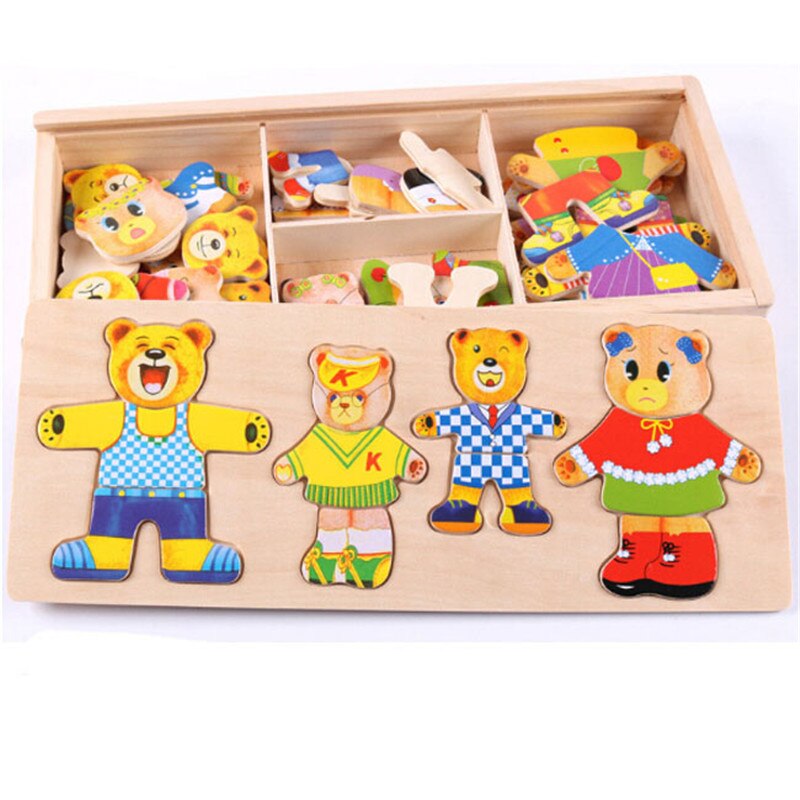 Kids Kinderen Houten Speelgoed Houten Puzzel Set Baby Educatief Speelgoed Beer Omkleden Puzzels