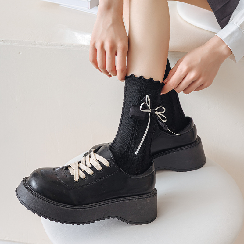 Calcetines de princesa con lazo para mujer, medias de tubo medio de Color sólido para primavera y verano, bonitos calcetines de tubo decorados con lazos,: Oro