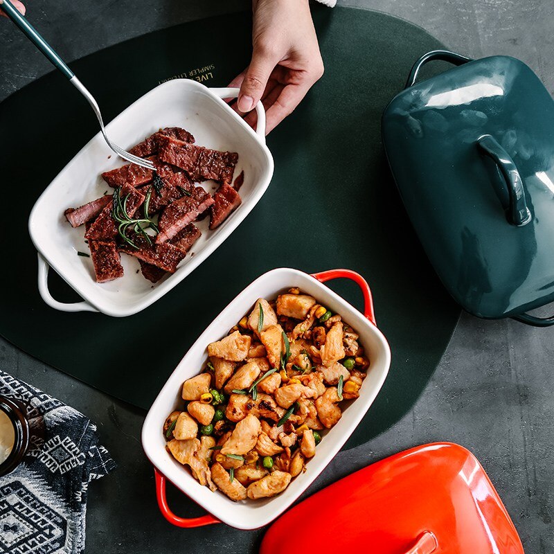 Tableware Plate Rectangle Ceramic Baking Dish Pan With Lid Home Binaural Steak Cheese Grilled Food Bowl Oven Microwave Heating