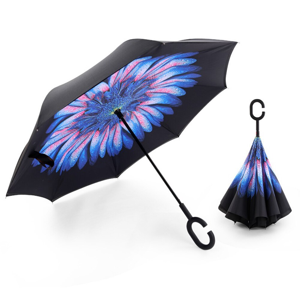 Lady Double Layer Anti-UV Windproof C-Shaped Handle Reverse Folding Umbrella Man Women Sun Rain Car Inverted Upstanding Umbrella