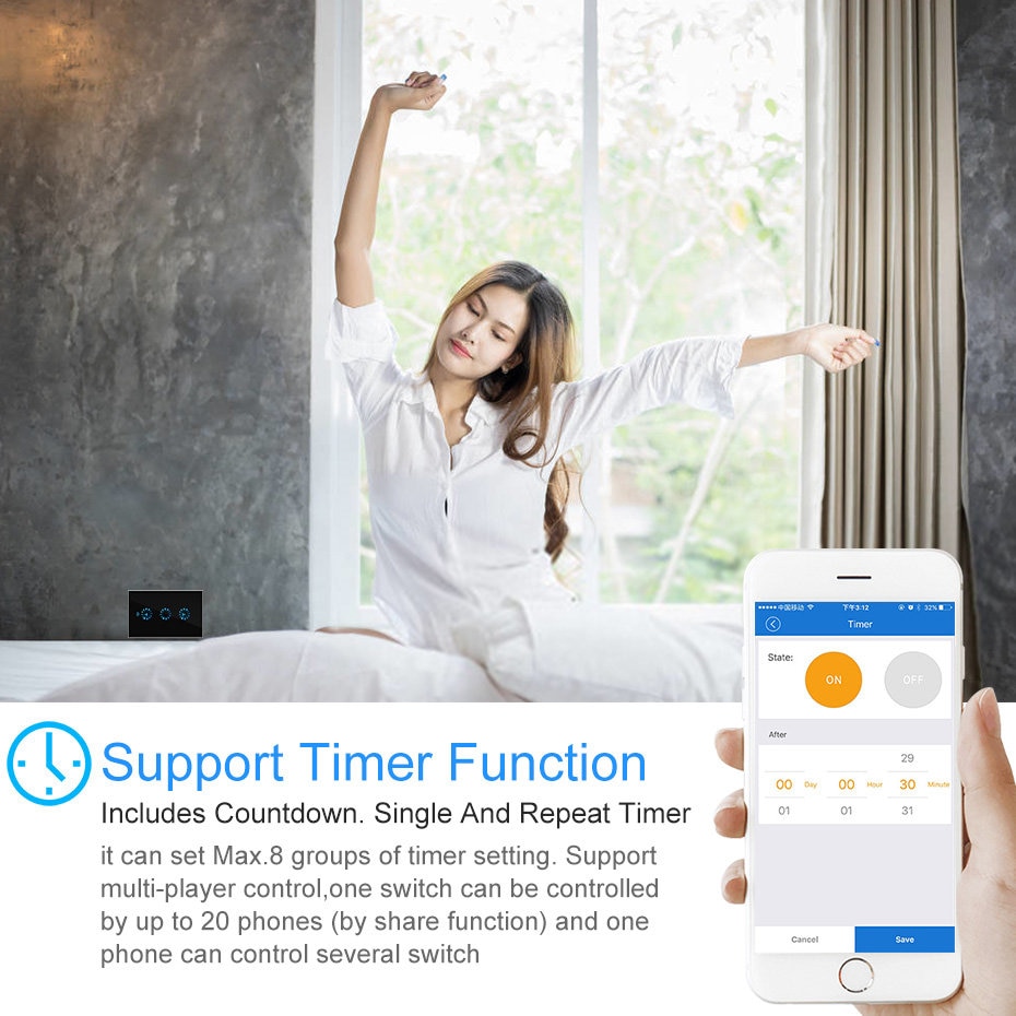 Dimbar wifi smart lysbryter 1 gjeng berøringskontroll trinnløs mørkere bryter 300w fjernkontroll alexa google assistent ifttt
