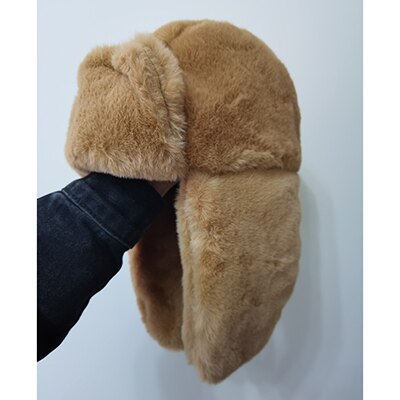 Vinter bomber hattar kvinnor ushanka keps med öronlaff tjockt varmt ryskt vindtätt sammet hatt öronskydd vuxen solid 58 cm: Kamel