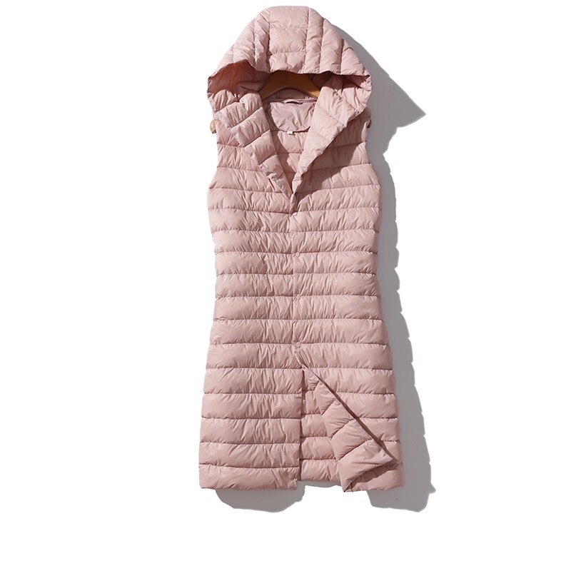 Newbang mærke kvinders lang vest ultra lette dun veste hætte uden ærmer turn-down krave jakke enkelt breasted varm jakkesæt vest
