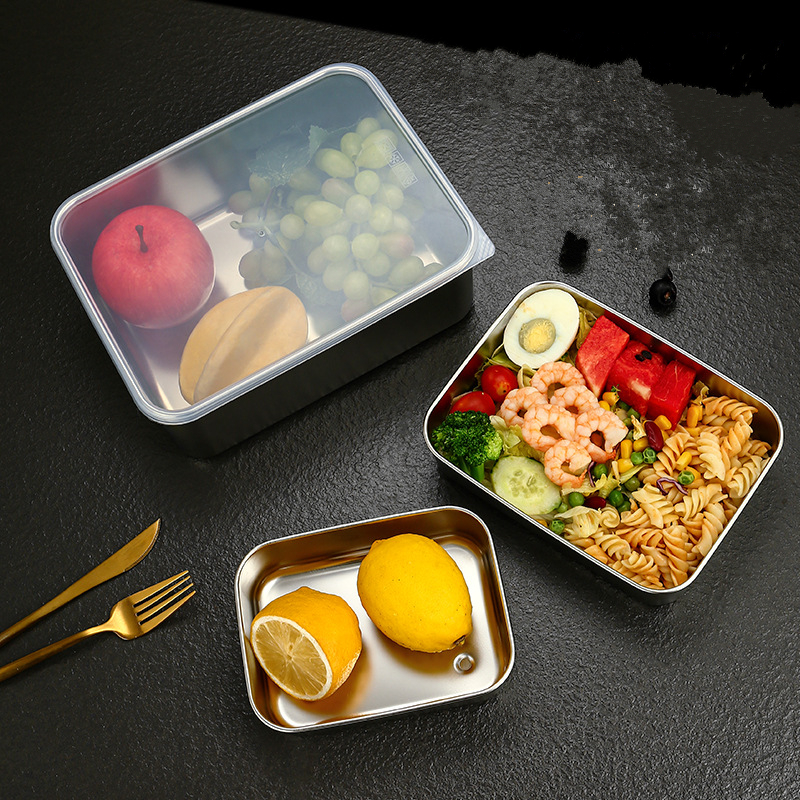 Bandejas de armazenamento de alimentos de aço inoxidável 304 com tampa geladeira mais nítida frutas seladas pan organizador recipiente pratos de cozinha