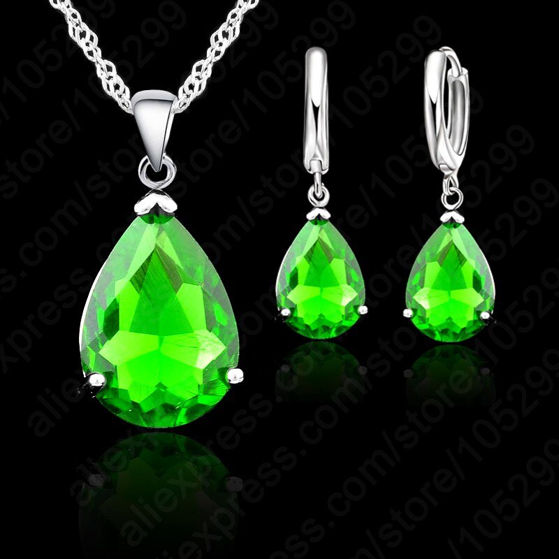 Vand kvinde fest bryllup smykker 925 sterling sølv cubic zircon øreringe halskæde sæt 9 farver: Grøn
