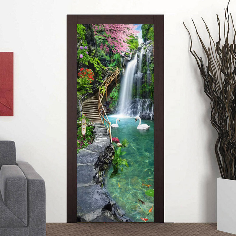 3D Nature Landscape Waterfalls Door Wall Sticker Living Room Kitchen Pvc Self-Adhesive Waterproof Sticker On The Doors Wallpaper