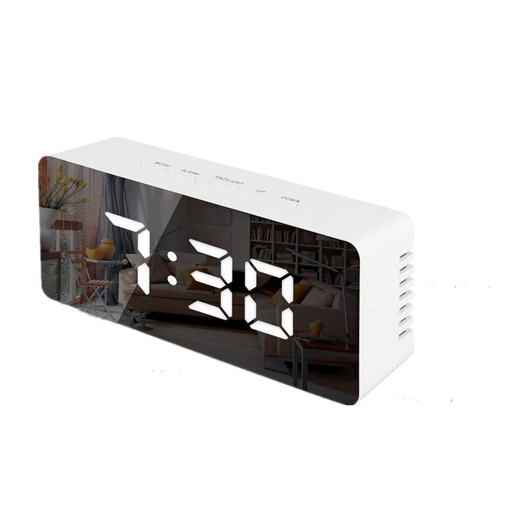 Led Spiegel Wekker Thermometer Digital Display Usb Dimbare Snooze Temperatuur Night Modus Licht Geheugenfunctie Bureauklok: WHITE