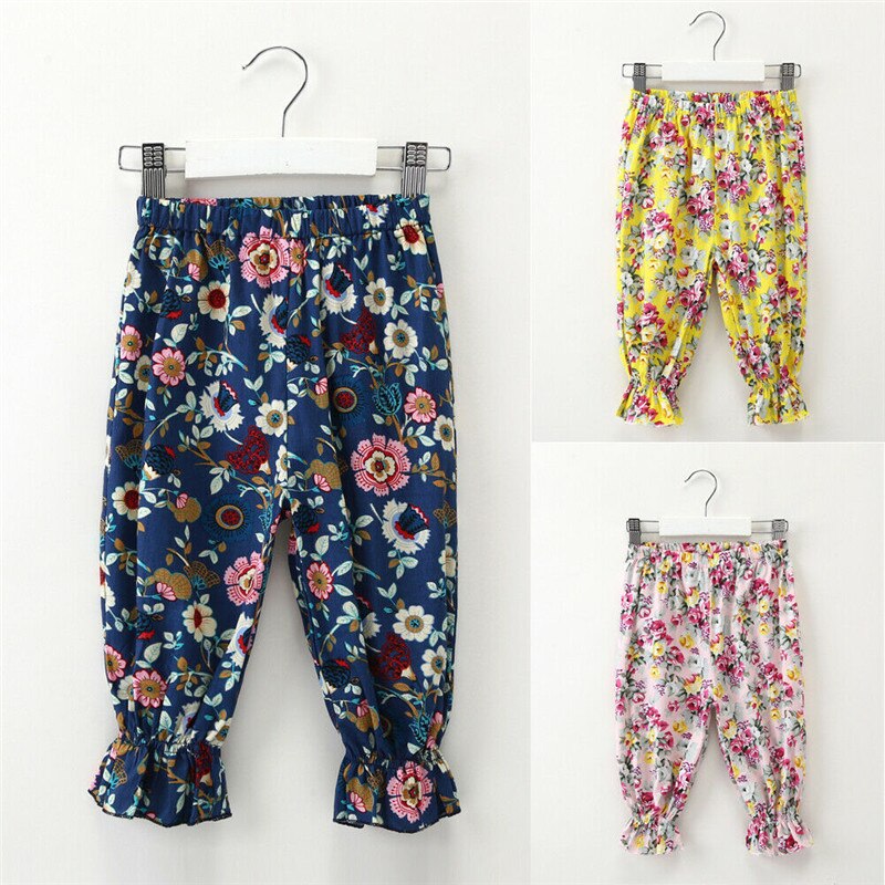Børn baby piger bukser tøj blomstret trykt elastik talje mid wasit blomster cropped bukser pink gul marineblå