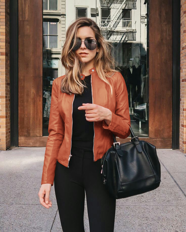 Chaqueta de piel sintética con cremallera para mujer, abrigo de piel de motociclista, abrigo corto ajustado para otoño e invierno, ropa de calle básica para mujer: Naranja / Metro