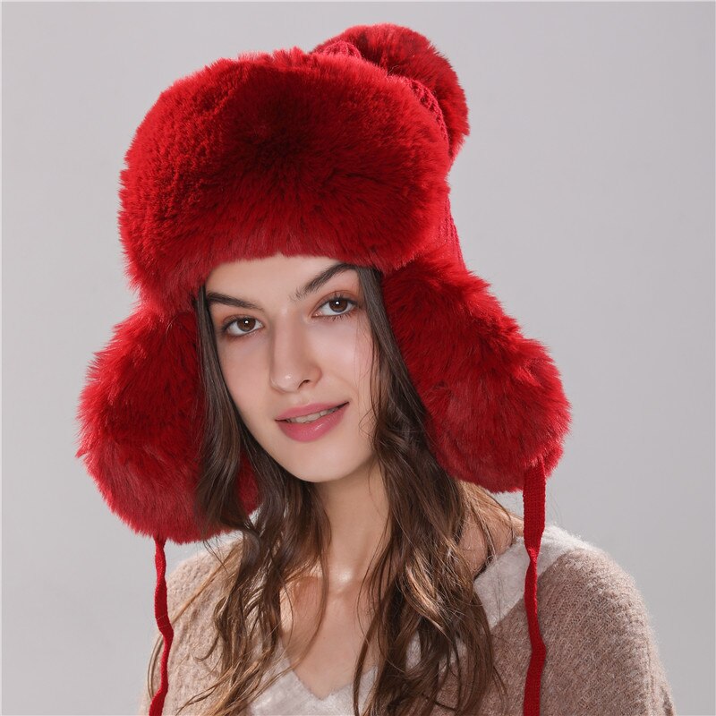 Xthree bomber hatte vinter damehue varm kitted hat med øreklap i imiteret pels trapper cap med pom pom: Vin