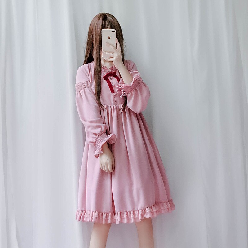 Lolita klänning söt söt puffärm japansk kawaii flickor prinsessa hembiträde vintage lös kvinnor op dress rosett rund krage