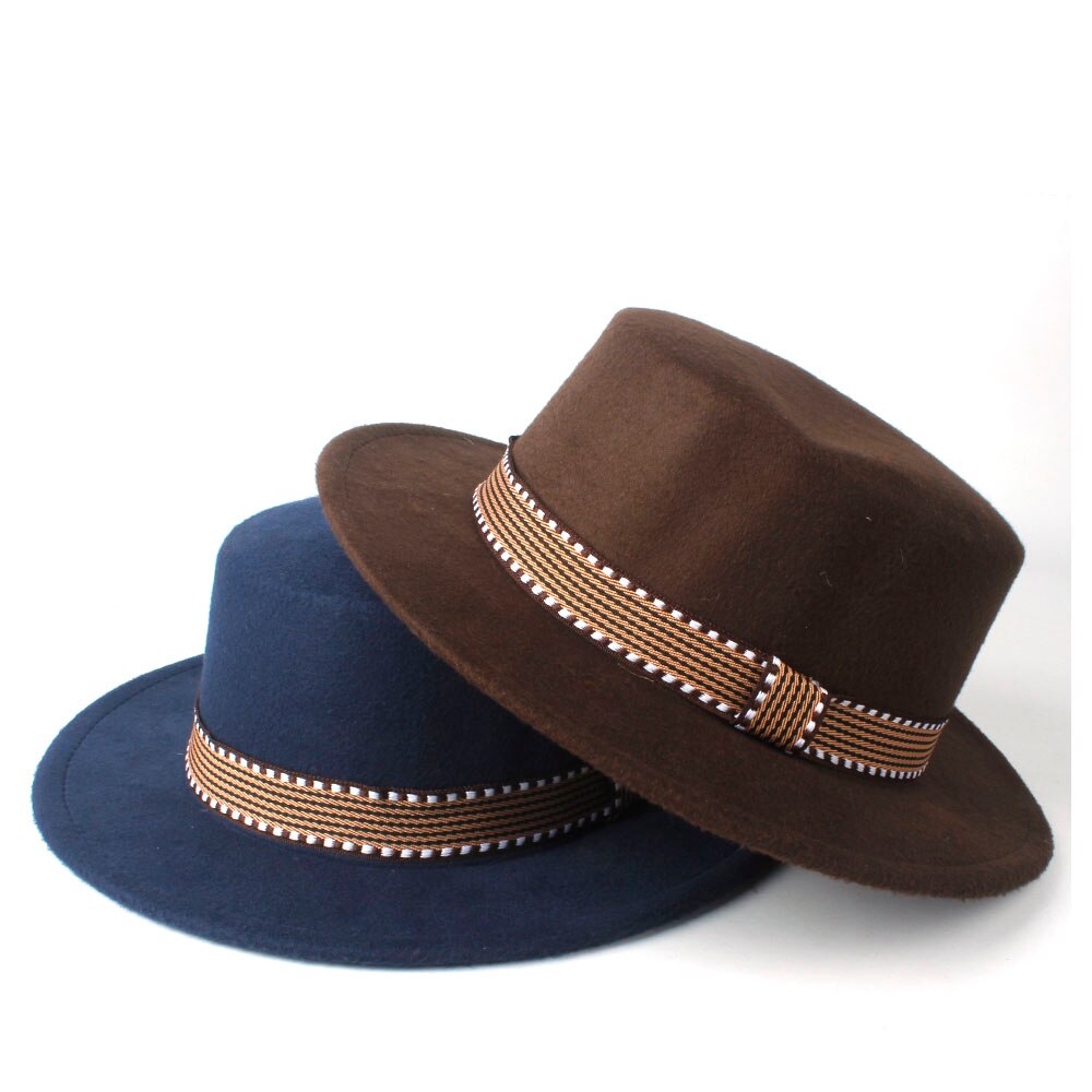 Men Women Flat Fedora Top Hat With Belt Wool Trilby Hat Pork Pie Hat Jazz Hat Size 56-58CM