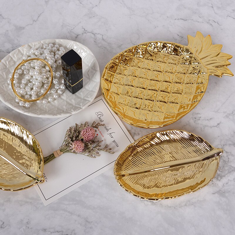 Nordic Ins Gold Leaf Ceramic Storage Tray Gold Leaf Jewelry Tray Dried Fruit Dish Home Decoration