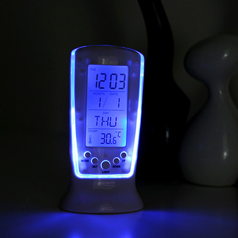 Led Blauw Lichtgevende Digitale Mini Bureauklok Met Elektronische Kalender Thermometer Led Tafel Klok 7 Geluiden Wekker 13*6*5.5Cm