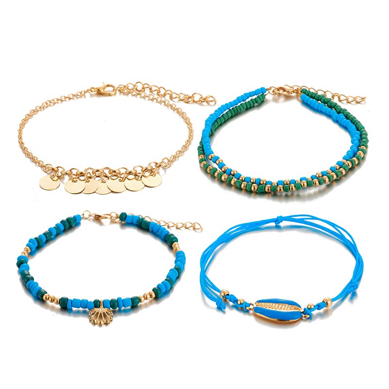 Docona 4Pcs Boho Shell Kralen Enkelbandje Set Voor Vrouwen Multilayer Verstelbare Sequin Hanger Voet Ketens Strand Sieraden Tobillera 8792