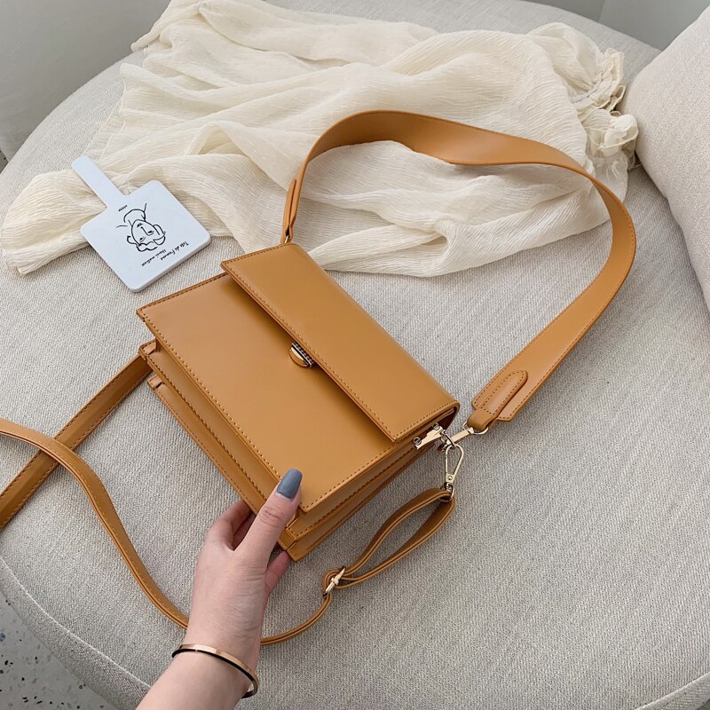 Rétro décontracté rabat carré sac nouvelle en cuir PU femmes concepteur sac à main large bandoulière sacs à bandoulière: Jaune