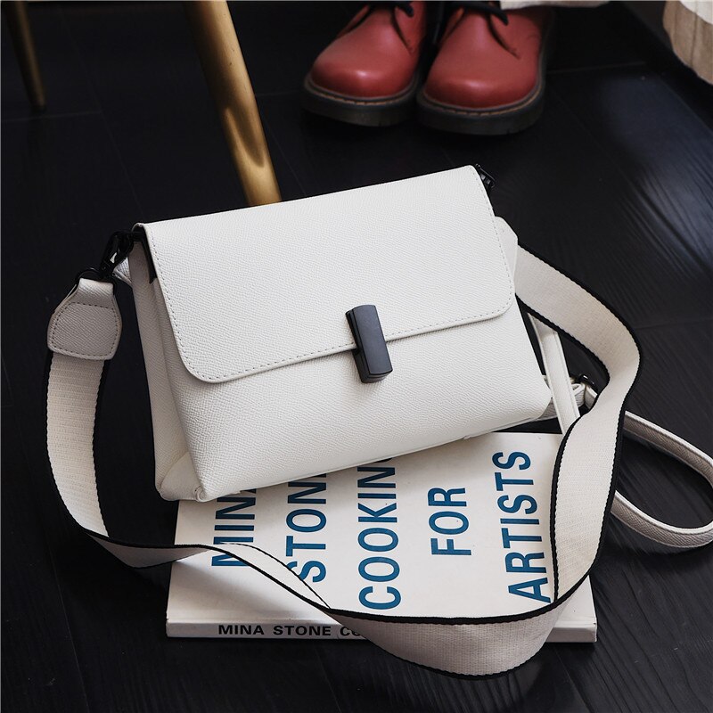 Solid color Flap Crossbody bag High Leather Women's Handbag Wide Shoulder strap Shoulder Messenger Bag
