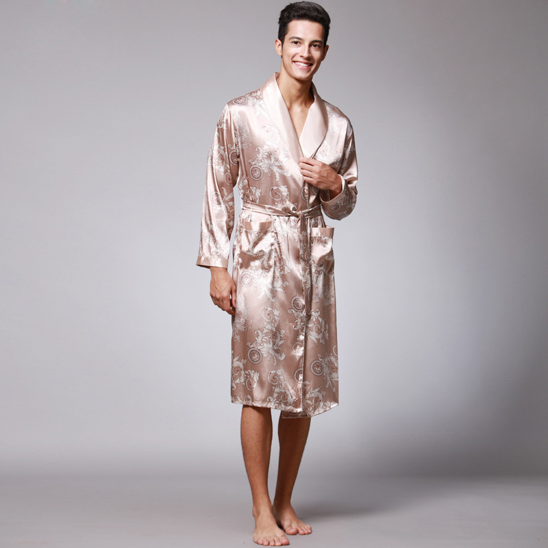 Mannen Zomer Herfst Kimono Badjas Zijde Satijn Gouden Draak Lange Badjas Kamerjas Knielengte Zwarte Nachtkleding