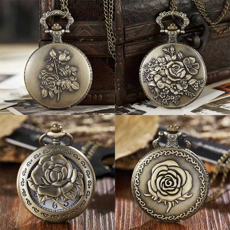 Ancient Pocket Watch Fob Chain Flower Rose Engrave Clock Mens Flip Bronze Case Watch Vintage Male Watches for Men Women