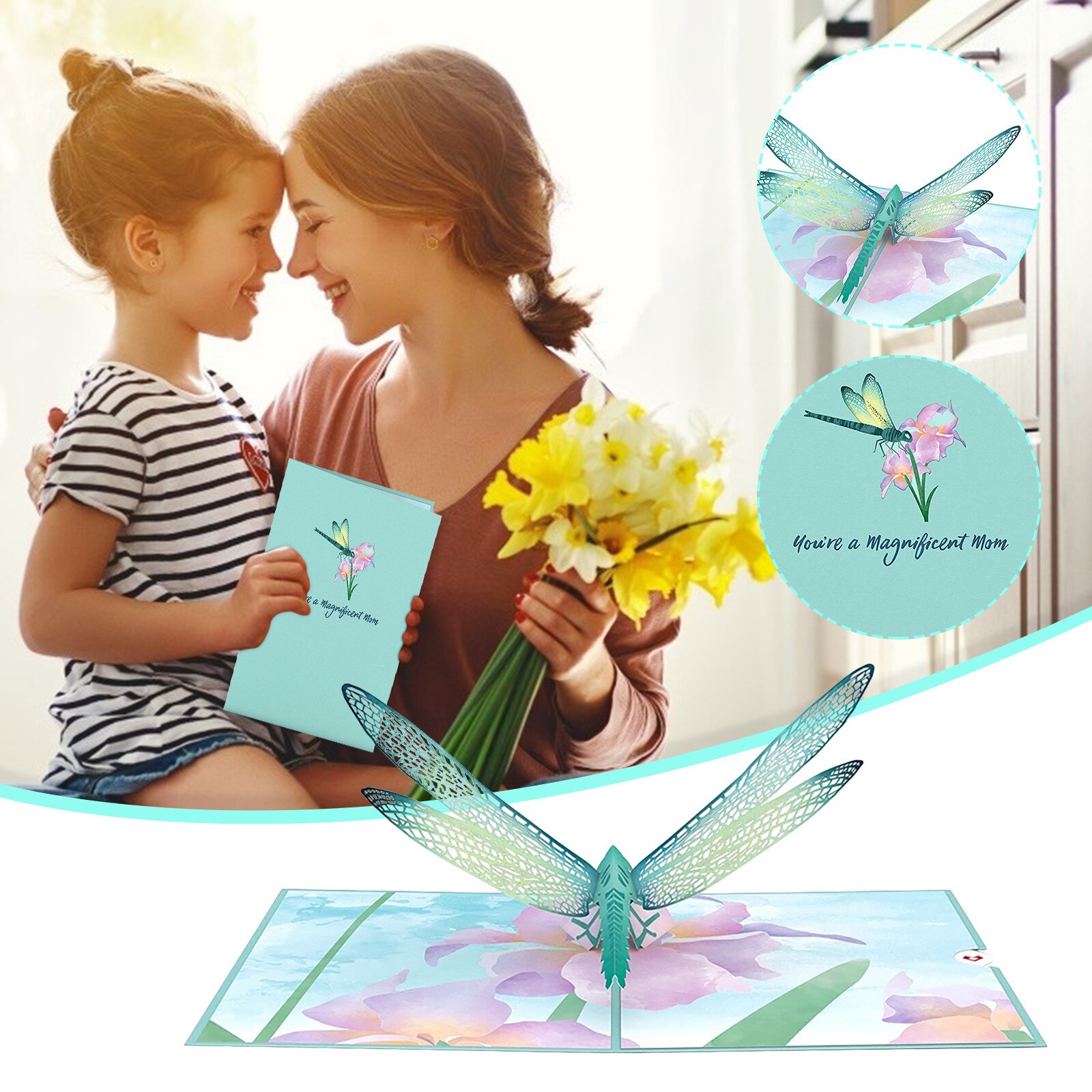 3D Mother's Day Pop-up Card Dragonfly 3D Paper Carving Heart-shaped Pop-up Card Greeting Card Postcards Card Invitations