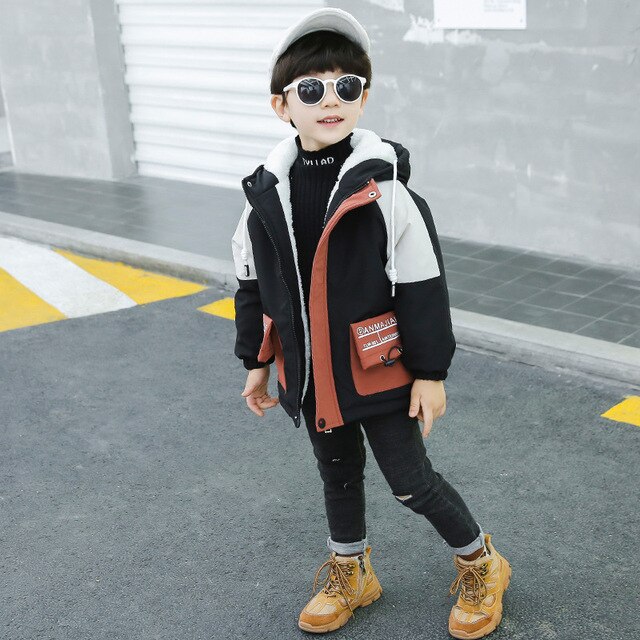 Baby Boys Clothes Winter Thicken Fleece Lining Warm Jacket Children Long Hooded Waterproof Coat Sport Windbreaker Outfit: black / 9
