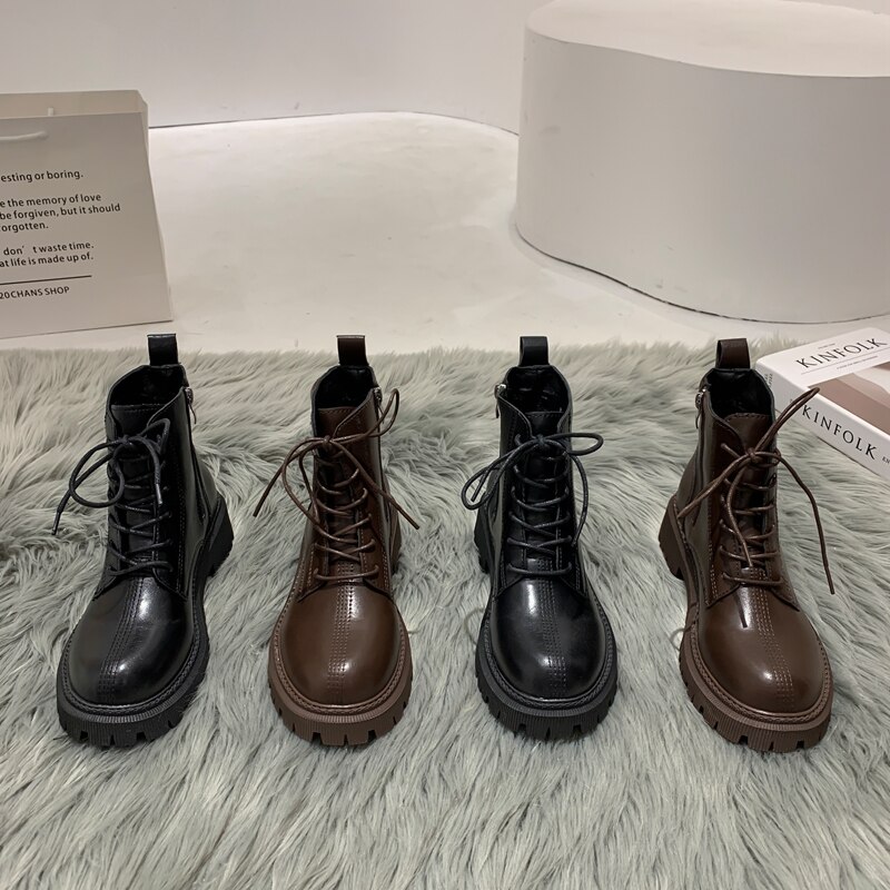 Chunky Martin Laarzen Vrouwen Bruin Warme Pluche Ronde Neus Kant Rits Lederen Lace-Up Britse Stijl Trendy Vrouwelijke enkellaarsjes