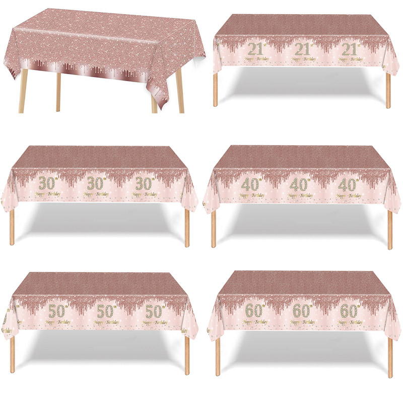 Glitzernde rosa RoséGold-Party-Tischdecke, alles Gute zum Geburtstag, rechteckige Tischdecke für Partyzubehör zum 21., 30., 40. und 50. Geburtstag