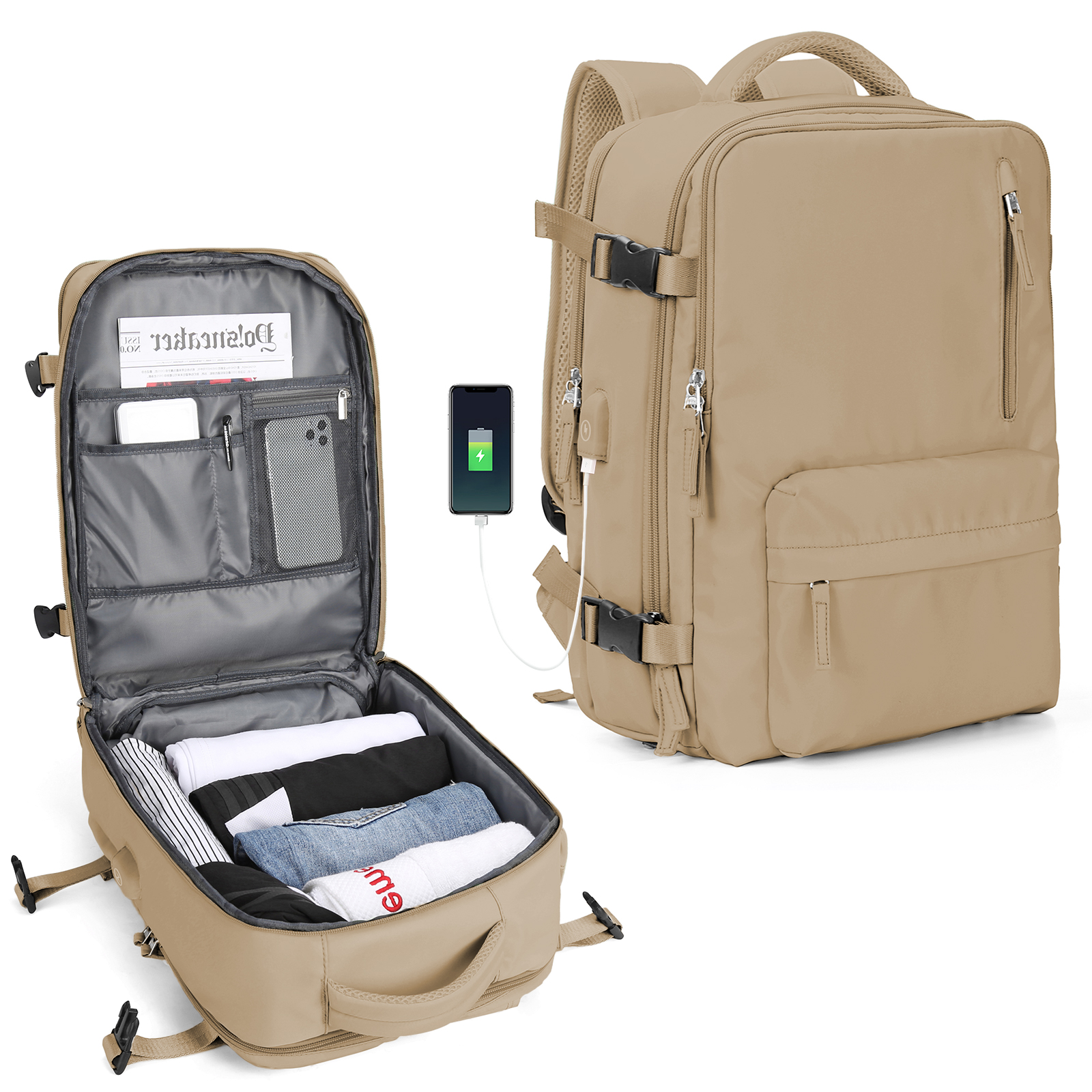 Mochila 40x30x20 Avión, Mochila para equipaje de mano Ryanair Cabin, Mochila para portátil Easyjet para viajes en avión, Mochila escolar: Beige