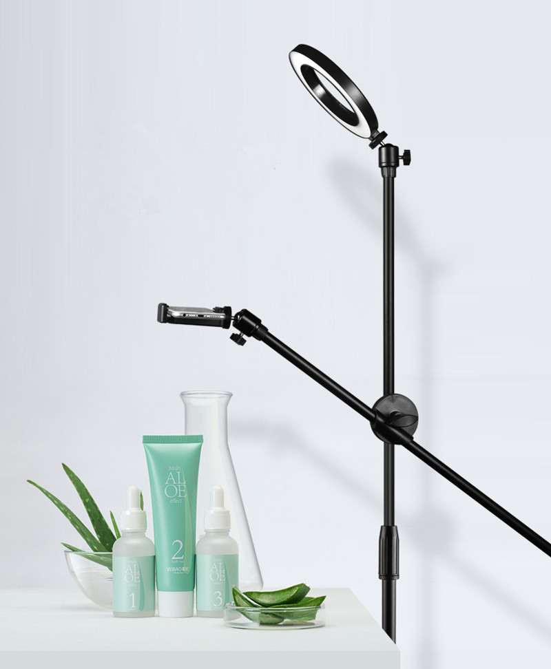 Phone Photography Beauty LED Ring Light Lamp Dimmable Adjustable Shooting Boom Arm Photo Light Studio Stand Tripod Holder Kit