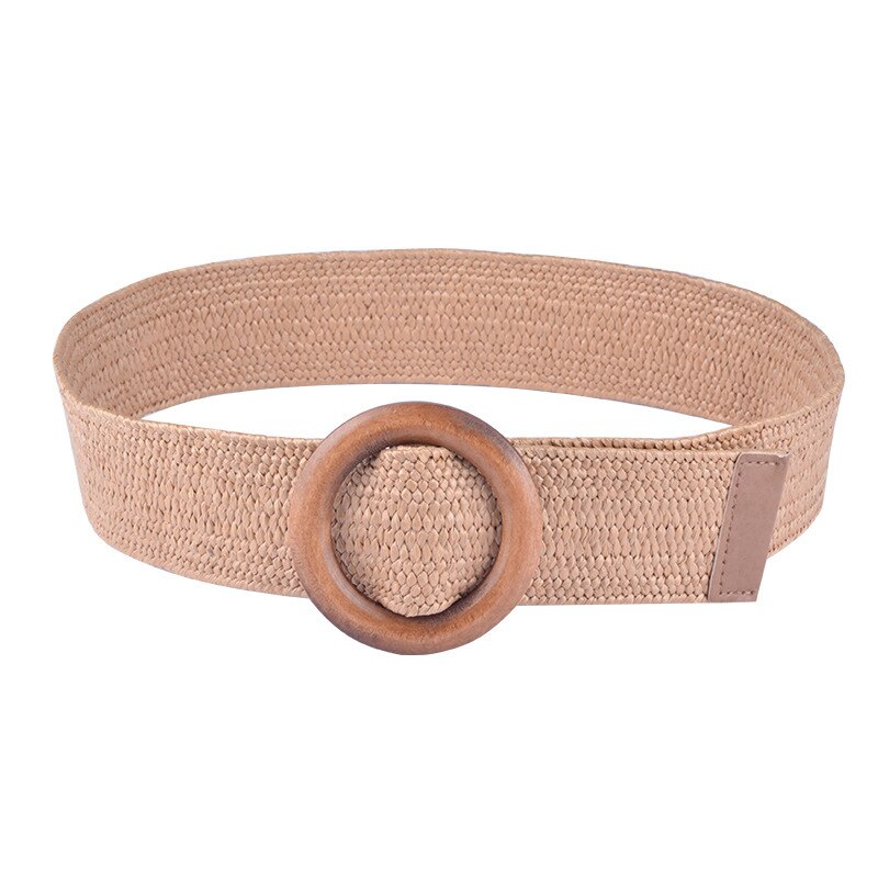Boho Style Braided Straw Wide Belt Wooden Buckle Ladies Dress Belt Luxury Women